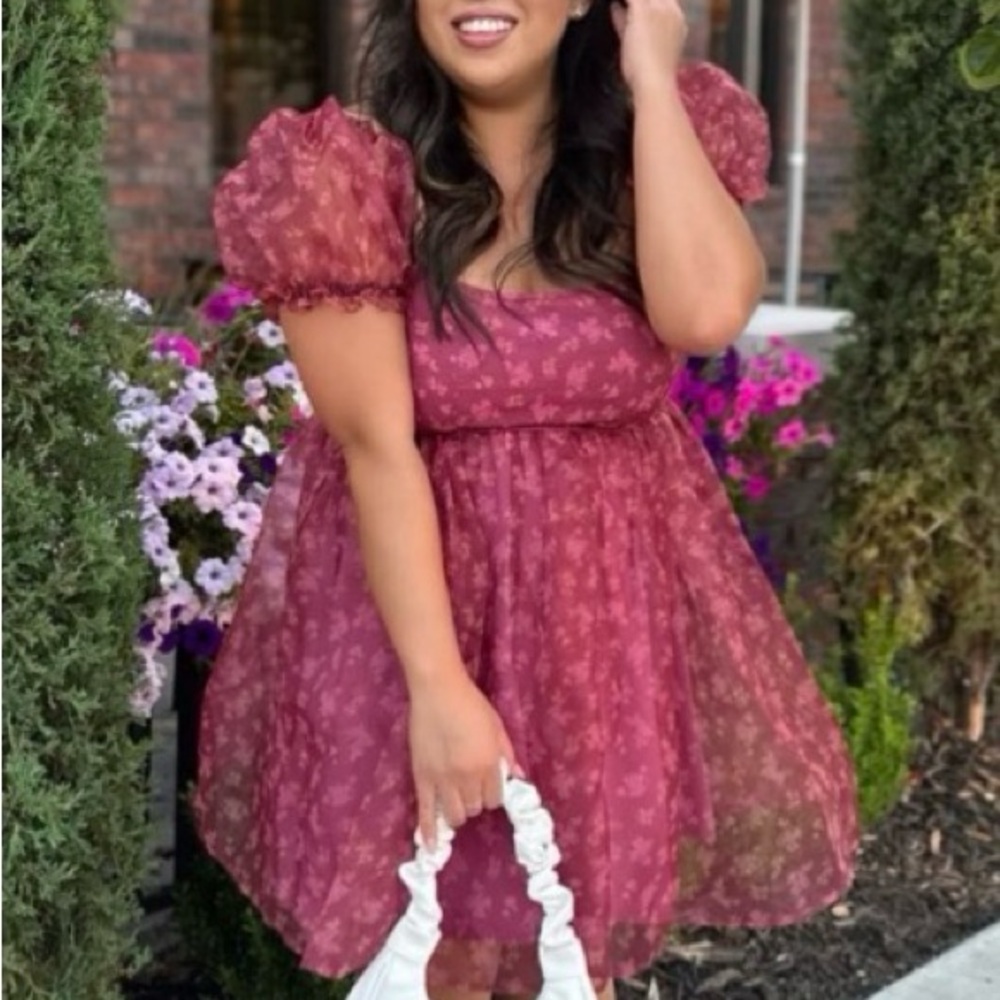 Altar’d State Puff Sleeve Floral Mesh Dress – Burgundy – Size M – Used Like New